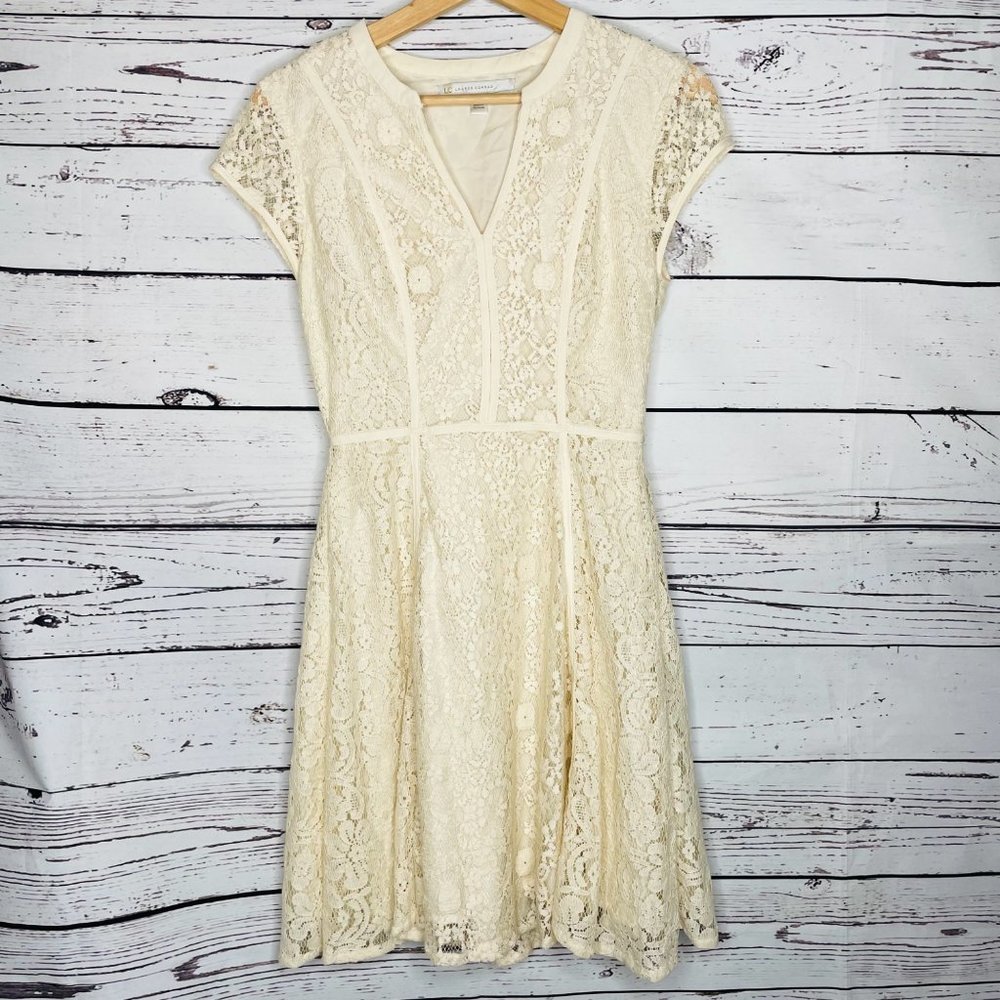 LC Lauren Conrad Dress Womens‎ 2 Lace Ivory Cotton Knit Fit Flare Mini Sleeves